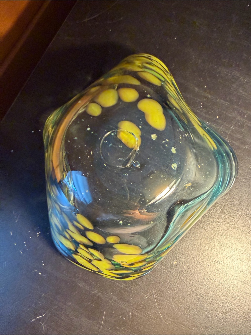 Hand-Blown Decorative Glass bowl Art in Yellow and Teal
